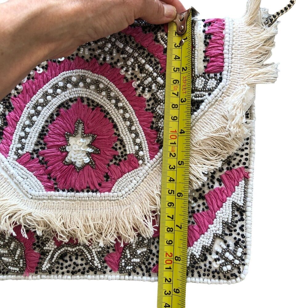 Lobe Love Pink and Cream Boho Embroidered Gypsy Fringe Bead Cross Body Bag - Picture 8 of 9